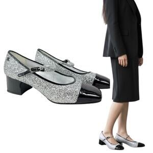 Chanel Glitter Patent Leather Cap Toe Mary Jane Pumps Silver Size 39.5